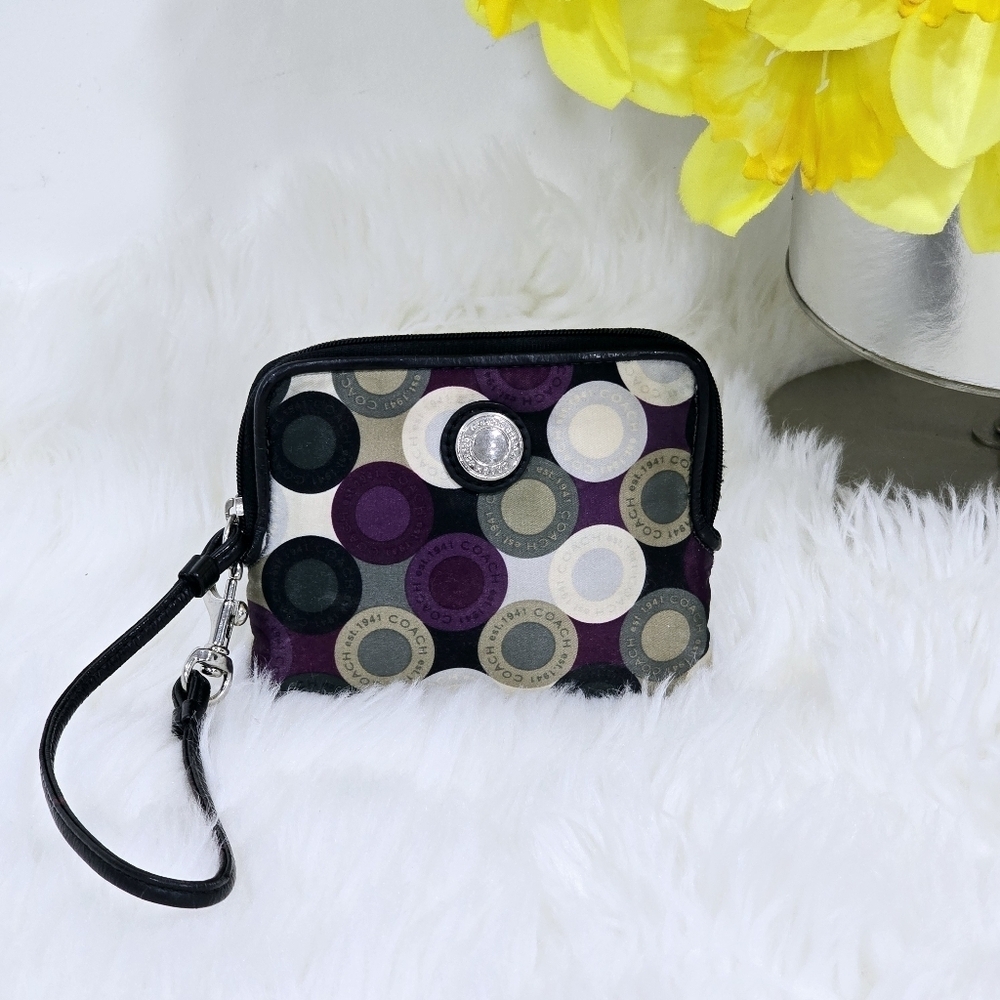 Coach Madison Signature Satin purple,white,gray and black wristlet .
